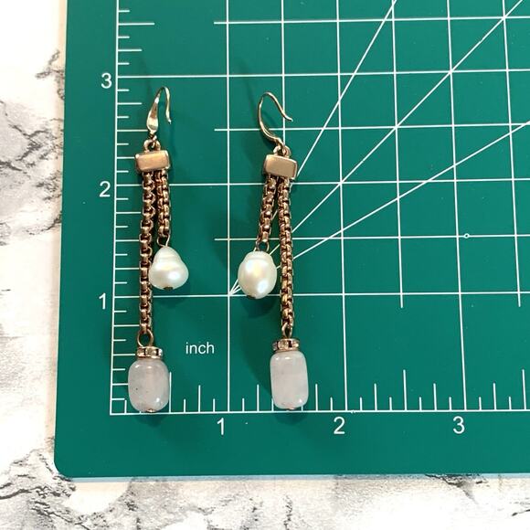 Vintage Rose Quartz Dangle Earrings Rose Gold Plated with Pearls & Rhinestones - Picture 7 of 8